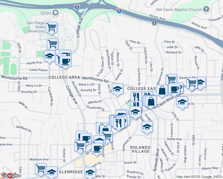 map of restaurants, bars, coffee shops, grocery stores, and more near 5027 Art Street in San Diego