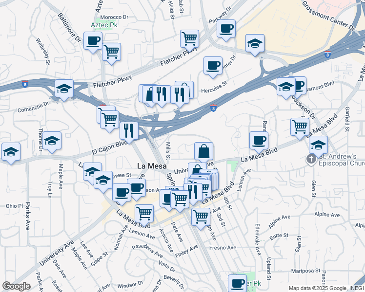 map of restaurants, bars, coffee shops, grocery stores, and more near 4926 Colina Drive in La Mesa
