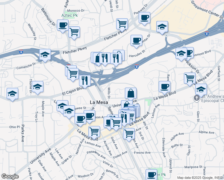 map of restaurants, bars, coffee shops, grocery stores, and more near 4926 Colina Drive in La Mesa