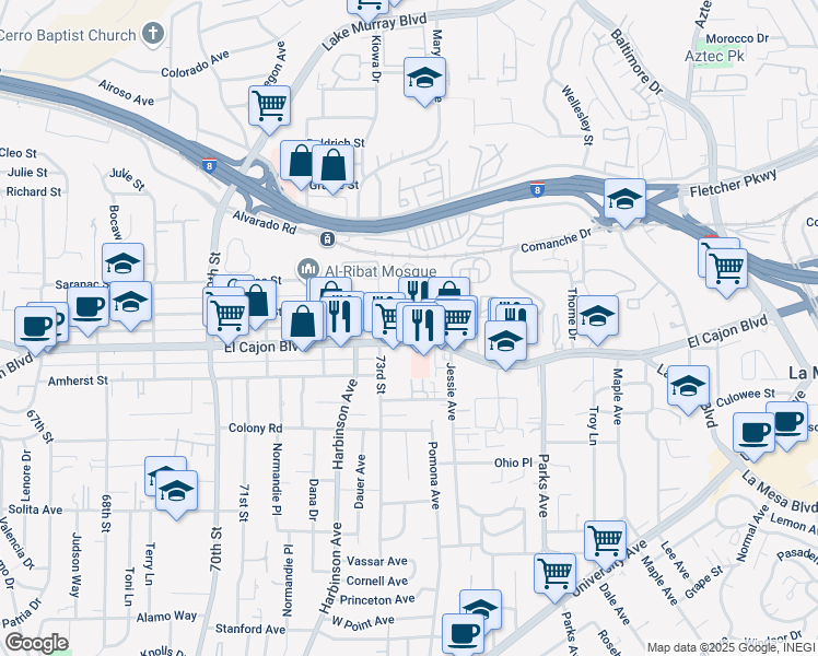 map of restaurants, bars, coffee shops, grocery stores, and more near 7364 El Cajon Boulevard in San Diego
