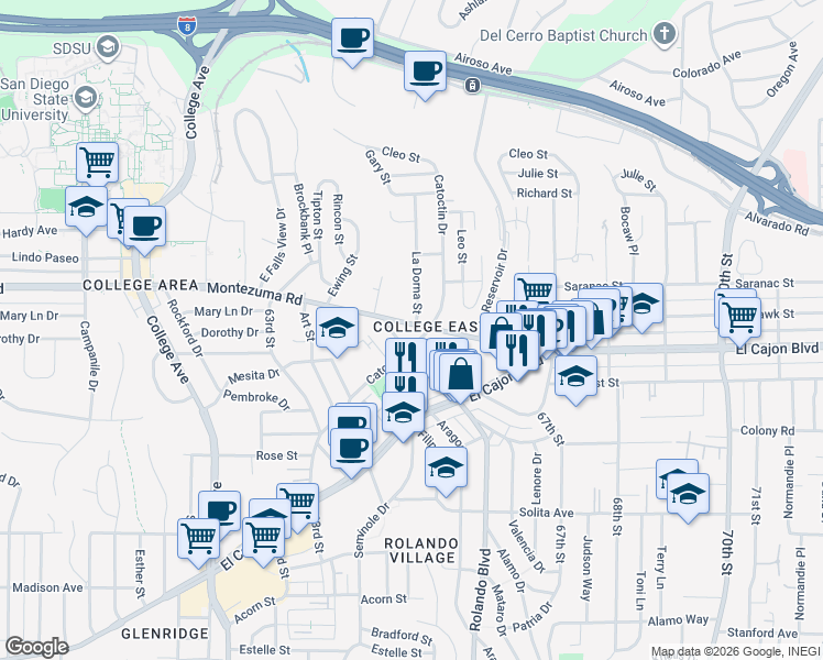 map of restaurants, bars, coffee shops, grocery stores, and more near 6545 Montezuma Road in San Diego