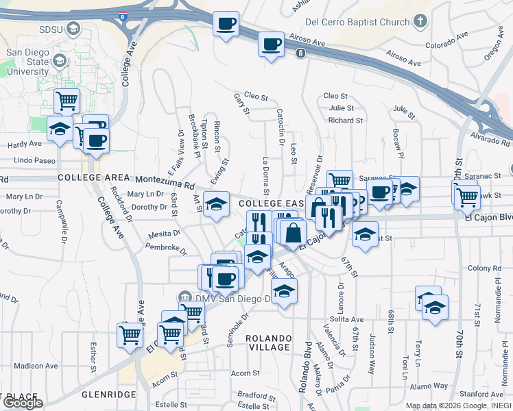 map of restaurants, bars, coffee shops, grocery stores, and more near 4930 Gary Street in San Diego