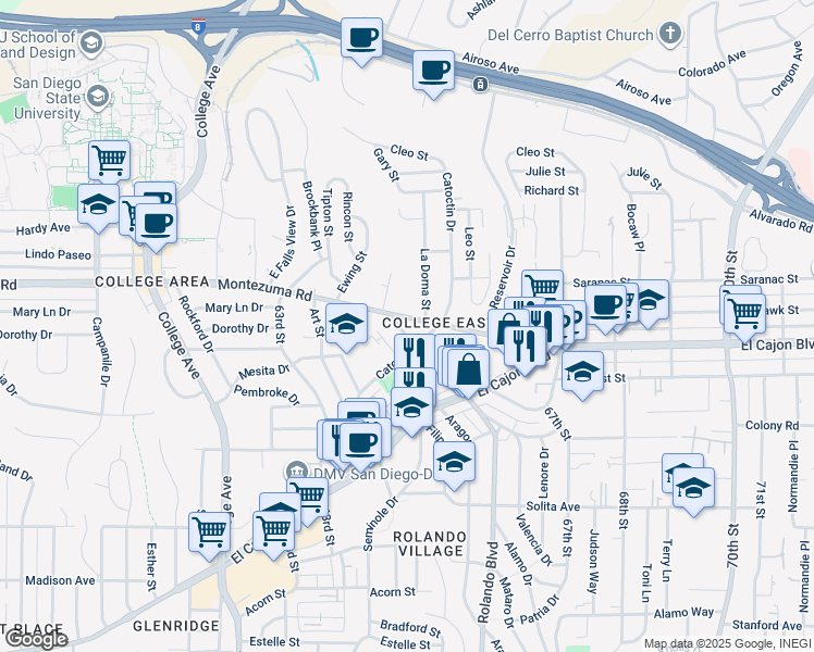 map of restaurants, bars, coffee shops, grocery stores, and more near 4930 Gary Street in San Diego