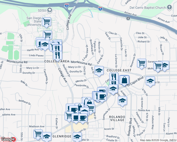 map of restaurants, bars, coffee shops, grocery stores, and more near 5011 63rd Street in San Diego