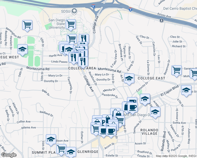map of restaurants, bars, coffee shops, grocery stores, and more near 6105 Dorothy Drive in San Diego