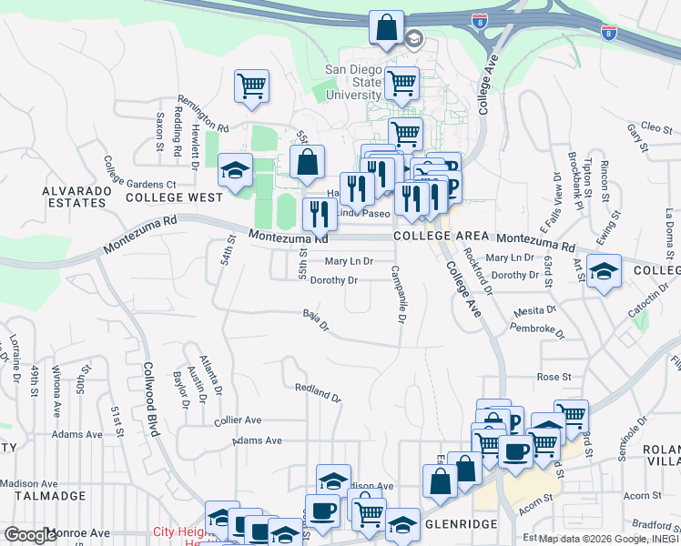 map of restaurants, bars, coffee shops, grocery stores, and more near 5531 Dorothy Drive in San Diego