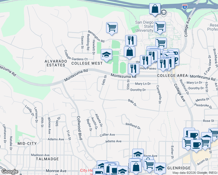 map of restaurants, bars, coffee shops, grocery stores, and more near 5014 Chaparral Way in San Diego