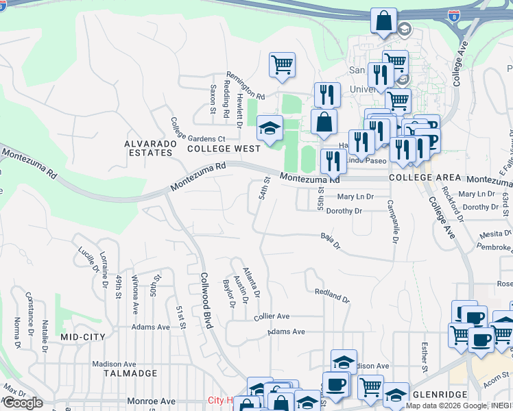map of restaurants, bars, coffee shops, grocery stores, and more near 5014 Faber Way in San Diego