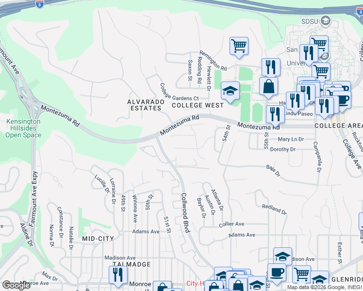map of restaurants, bars, coffee shops, grocery stores, and more near 5233 Prosperity Lane in San Diego
