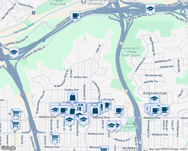 map of restaurants, bars, coffee shops, grocery stores, and more near 4993 East Mountain View Drive in San Diego