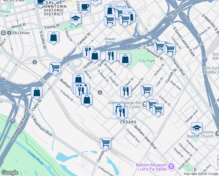 map of restaurants, bars, coffee shops, grocery stores, and more near 1511 South Akard Street in Dallas