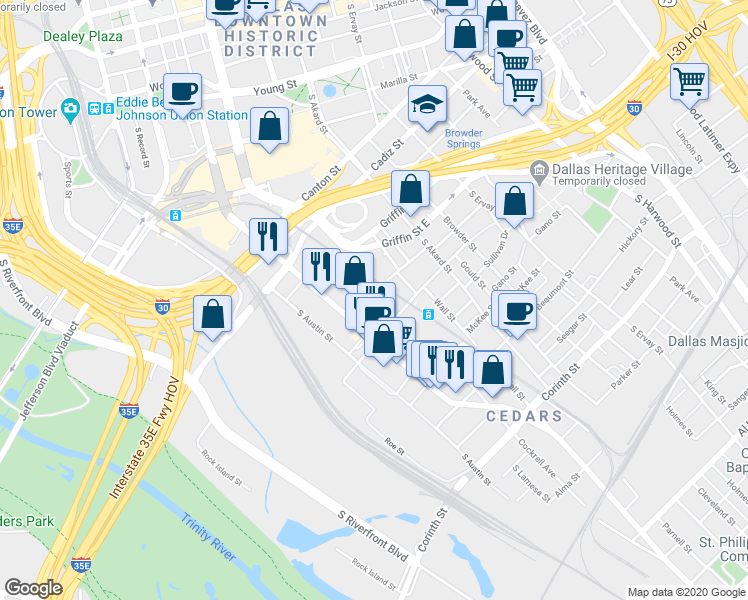 map of restaurants, bars, coffee shops, grocery stores, and more near 1290 Botham Jean Boulevard in Dallas