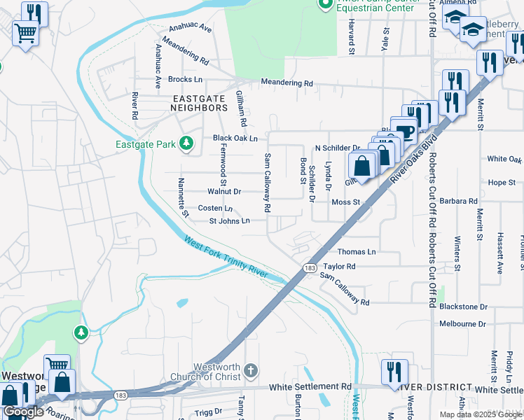 map of restaurants, bars, coffee shops, grocery stores, and more near 5936 North Calloway Drive in Fort Worth