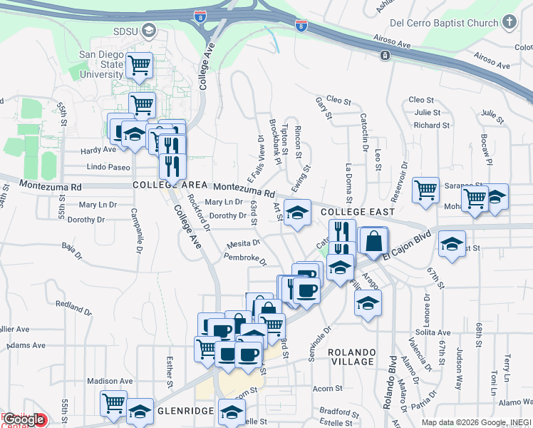 map of restaurants, bars, coffee shops, grocery stores, and more near 5011 63rd Street in San Diego