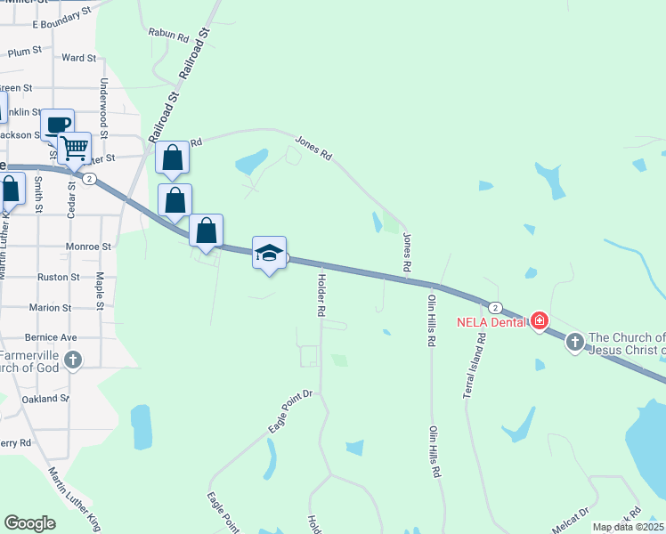map of restaurants, bars, coffee shops, grocery stores, and more near 1104 Sterlington Highway in Farmerville