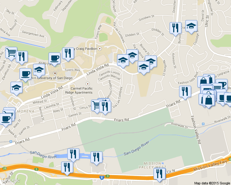 map of restaurants, bars, coffee shops, grocery stores, and more near 6340 Caminito Partida in San Diego