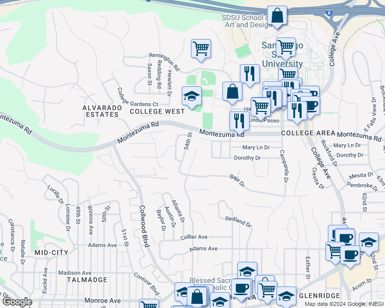 map of restaurants, bars, coffee shops, grocery stores, and more near 5038 Chaparral Way in San Diego