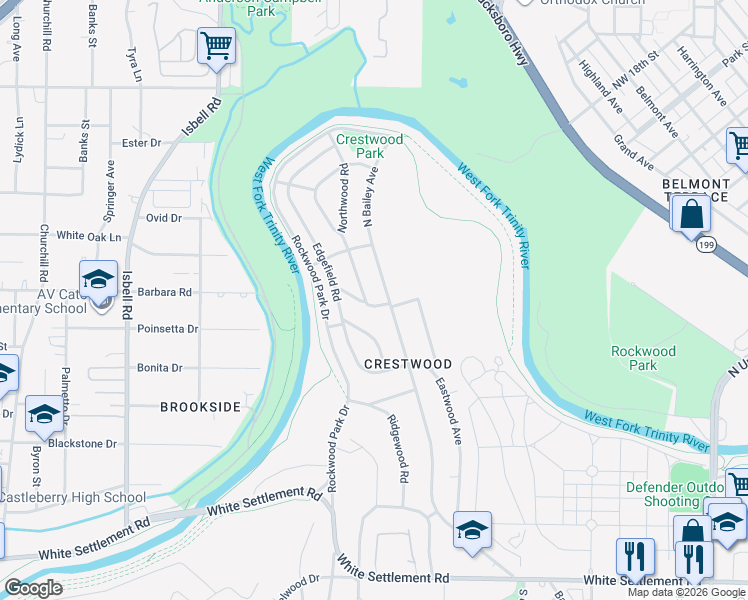 map of restaurants, bars, coffee shops, grocery stores, and more near 3703 Wildwood Road in Fort Worth