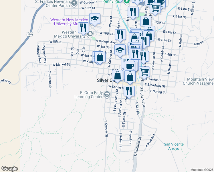 map of restaurants, bars, coffee shops, grocery stores, and more near 101 South Cooper Street in Silver City