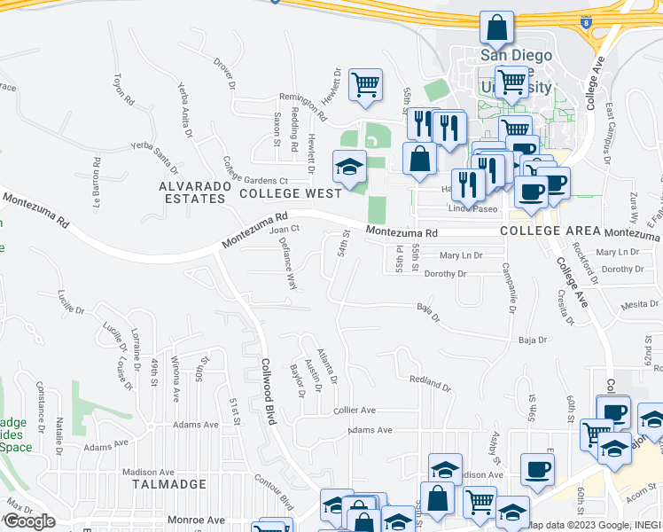 map of restaurants, bars, coffee shops, grocery stores, and more near 5014 Faber Way in San Diego