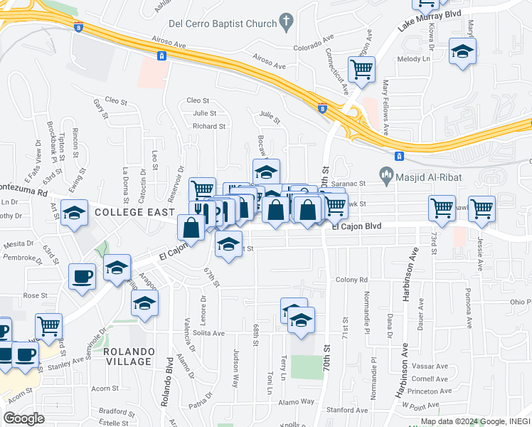 map of restaurants, bars, coffee shops, grocery stores, and more near 6843 Mohawk Street in San Diego