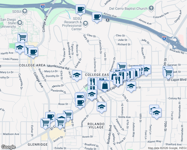 map of restaurants, bars, coffee shops, grocery stores, and more near in San Diego