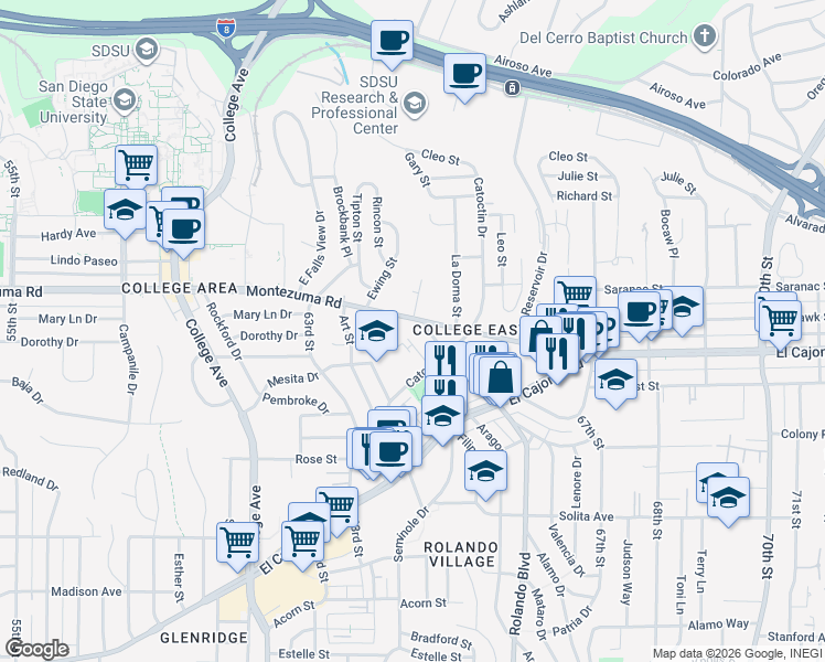 map of restaurants, bars, coffee shops, grocery stores, and more near 4930 Gary Street in San Diego