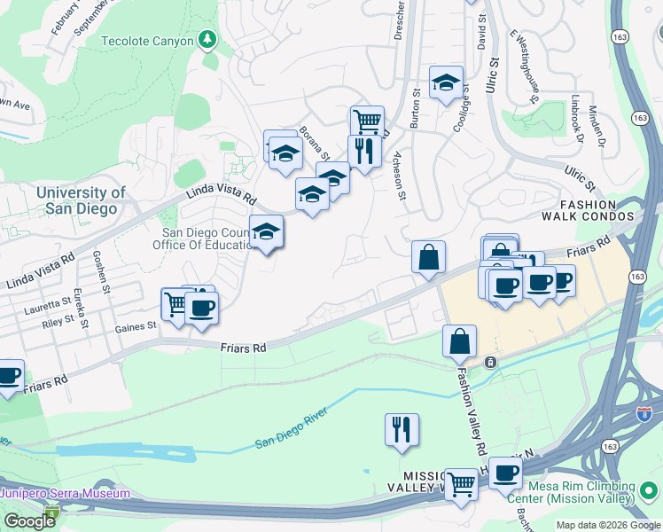 map of restaurants, bars, coffee shops, grocery stores, and more near 1280 River Vista Row in San Diego