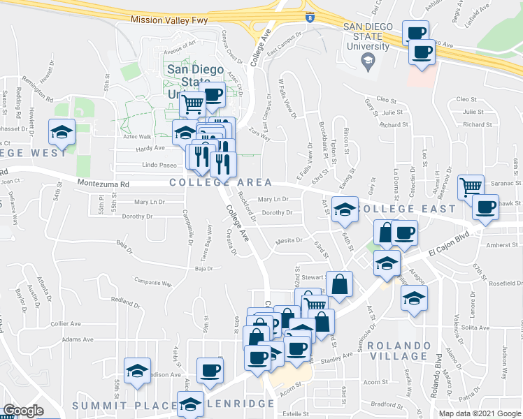 map of restaurants, bars, coffee shops, grocery stores, and more near 6134 Dorothy Drive in San Diego