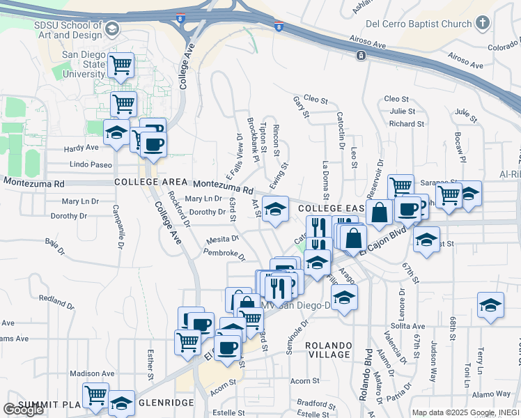 map of restaurants, bars, coffee shops, grocery stores, and more near 5027 Art Street in San Diego