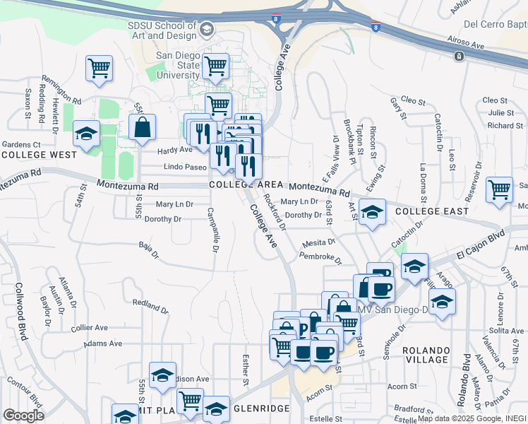 map of restaurants, bars, coffee shops, grocery stores, and more near 5020 College Avenue in San Diego
