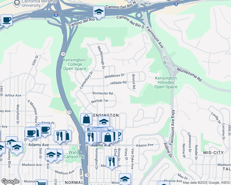 map of restaurants, bars, coffee shops, grocery stores, and more near 4191 Rochester Road in San Diego