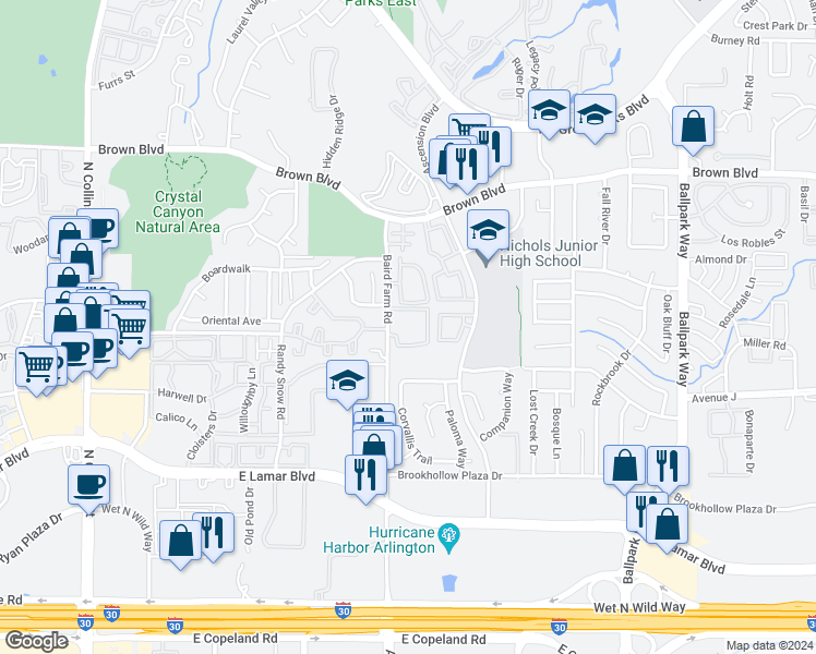 map of restaurants, bars, coffee shops, grocery stores, and more near 1712 Baird Farm Circle in Arlington