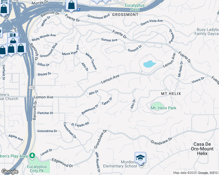 map of restaurants, bars, coffee shops, grocery stores, and more near 9580 Alto Drive in La Mesa