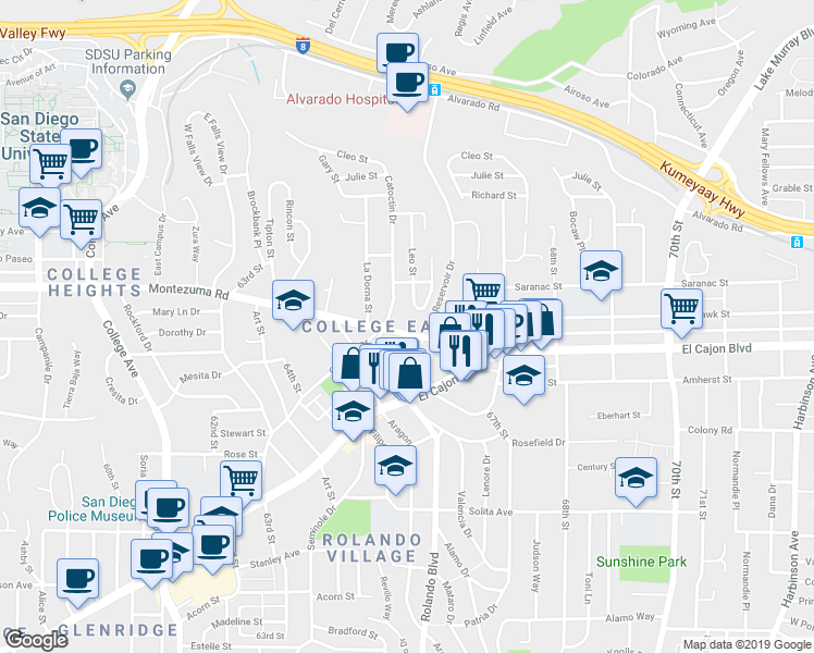 map of restaurants, bars, coffee shops, grocery stores, and more near in San Diego
