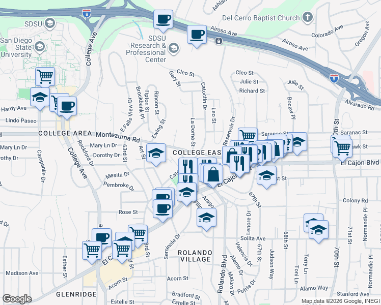 map of restaurants, bars, coffee shops, grocery stores, and more near in San Diego