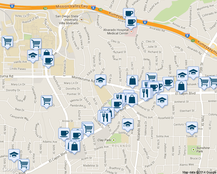 map of restaurants, bars, coffee shops, grocery stores, and more near 4930 Gary Street in San Diego