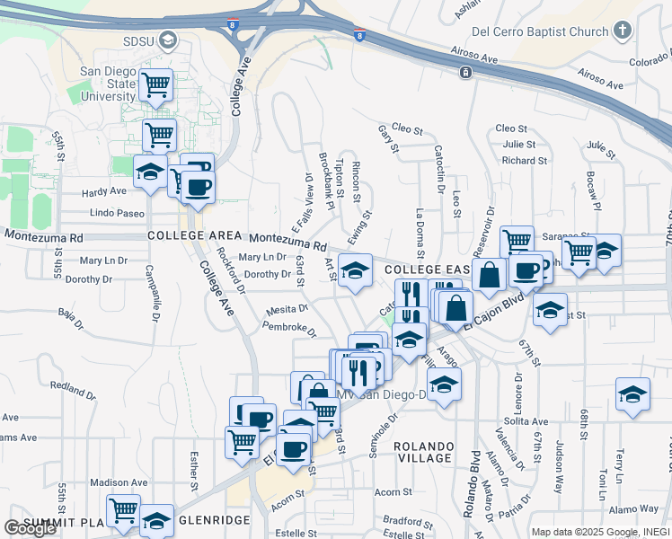 map of restaurants, bars, coffee shops, grocery stores, and more near 5027 Art Street in San Diego