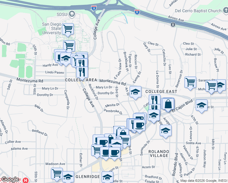 map of restaurants, bars, coffee shops, grocery stores, and more near 5011 63rd Street in San Diego