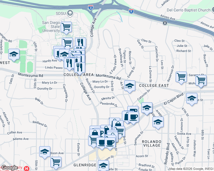 map of restaurants, bars, coffee shops, grocery stores, and more near 6205 Dorothy Drive in San Diego