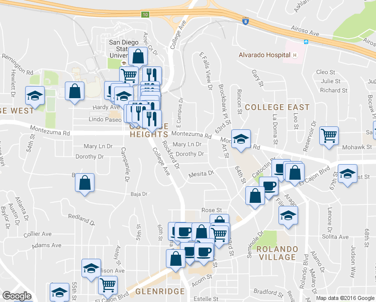 map of restaurants, bars, coffee shops, grocery stores, and more near 6205 Dorothy Drive in San Diego