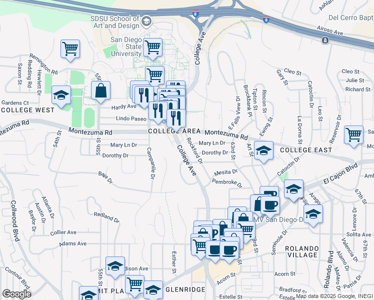 map of restaurants, bars, coffee shops, grocery stores, and more near 5020 College Avenue in San Diego