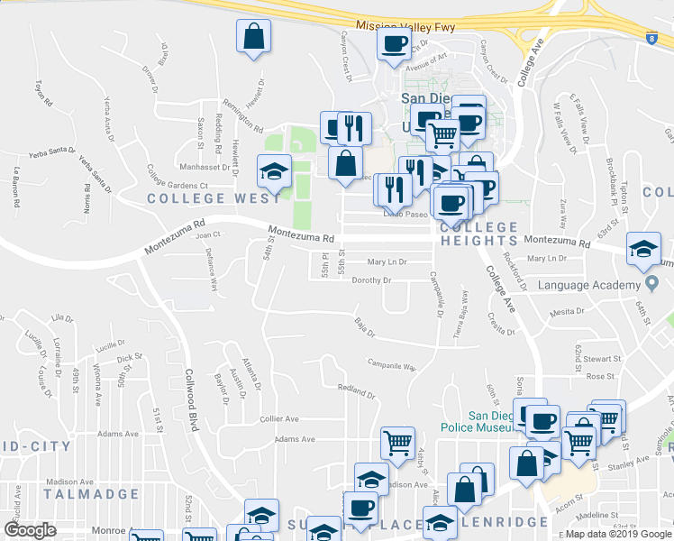 map of restaurants, bars, coffee shops, grocery stores, and more near in San Diego