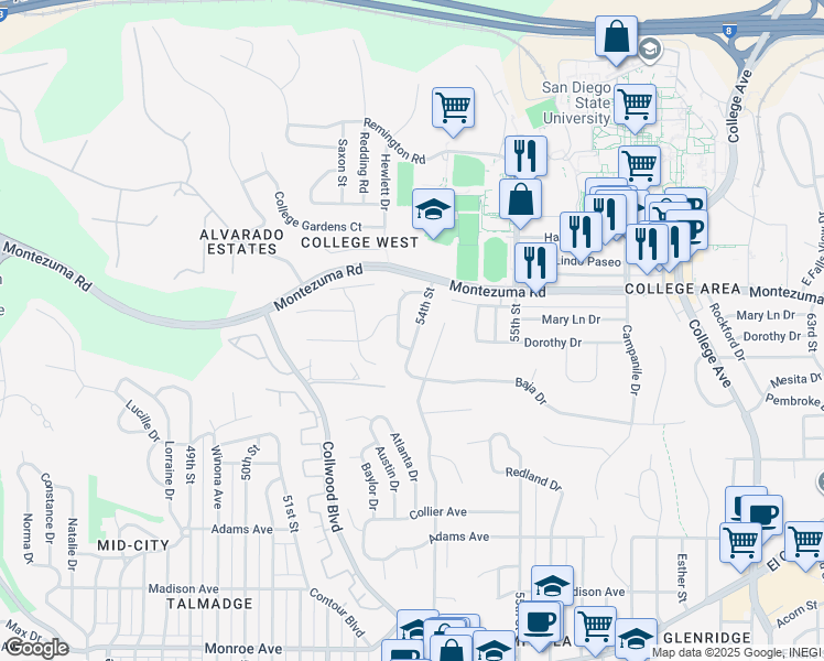 map of restaurants, bars, coffee shops, grocery stores, and more near 5014 Faber Way in San Diego