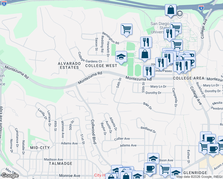 map of restaurants, bars, coffee shops, grocery stores, and more near 5014 Faber Way in San Diego
