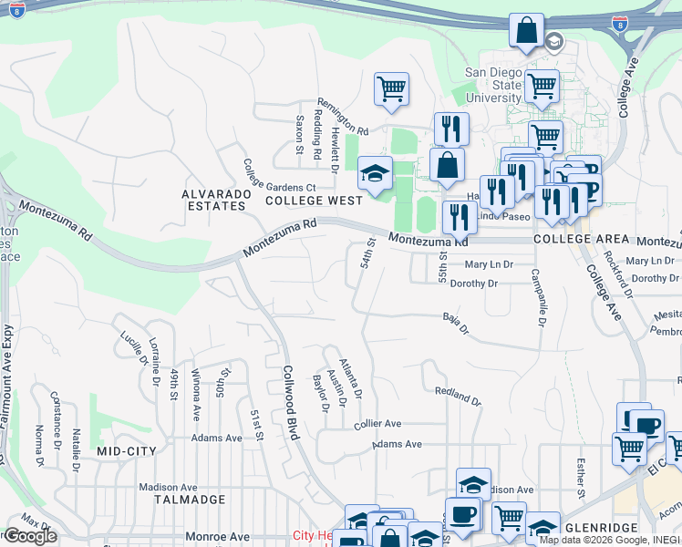 map of restaurants, bars, coffee shops, grocery stores, and more near 5014 Faber Way in San Diego