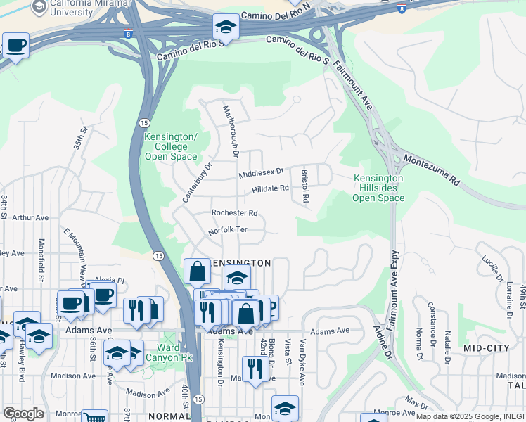 map of restaurants, bars, coffee shops, grocery stores, and more near 4191 Rochester Road in San Diego
