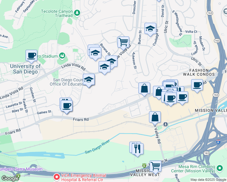 map of restaurants, bars, coffee shops, grocery stores, and more near 1270 River Vista Row in San Diego