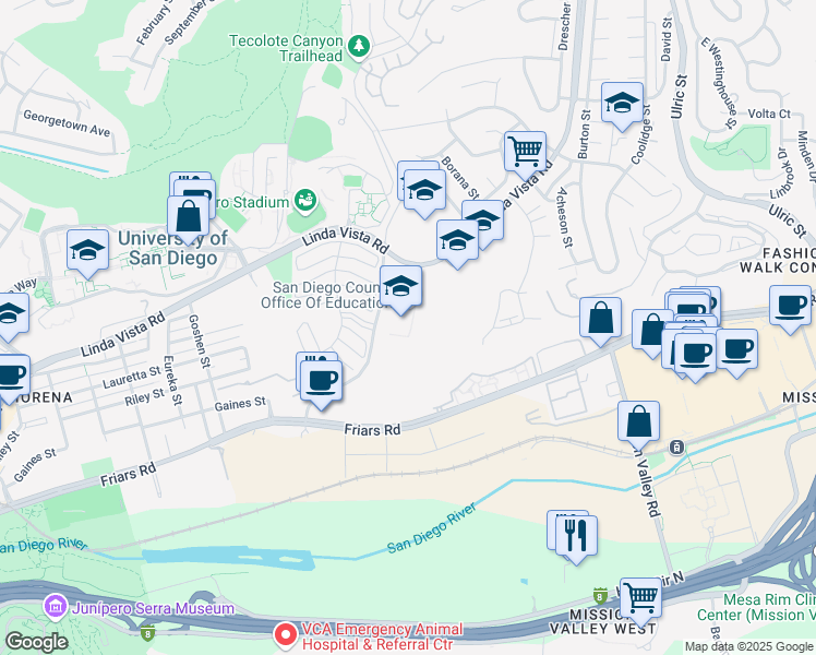 map of restaurants, bars, coffee shops, grocery stores, and more near 6401 Linda Vista Road in San Diego