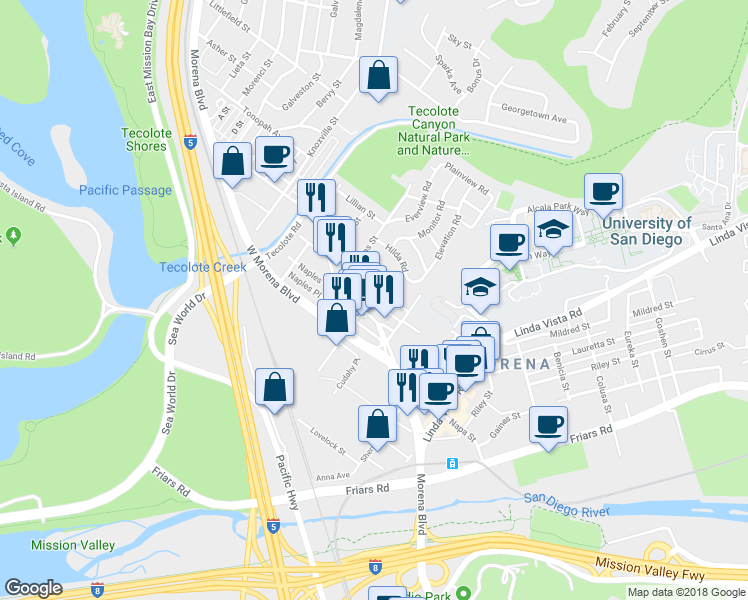 map of restaurants, bars, coffee shops, grocery stores, and more near 1103 Morena Boulevard in San Diego